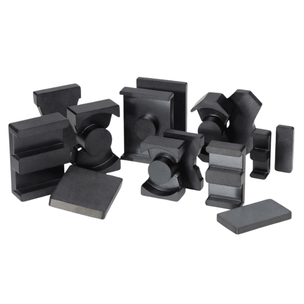 Group of ferrite cores with different shapes and sizes