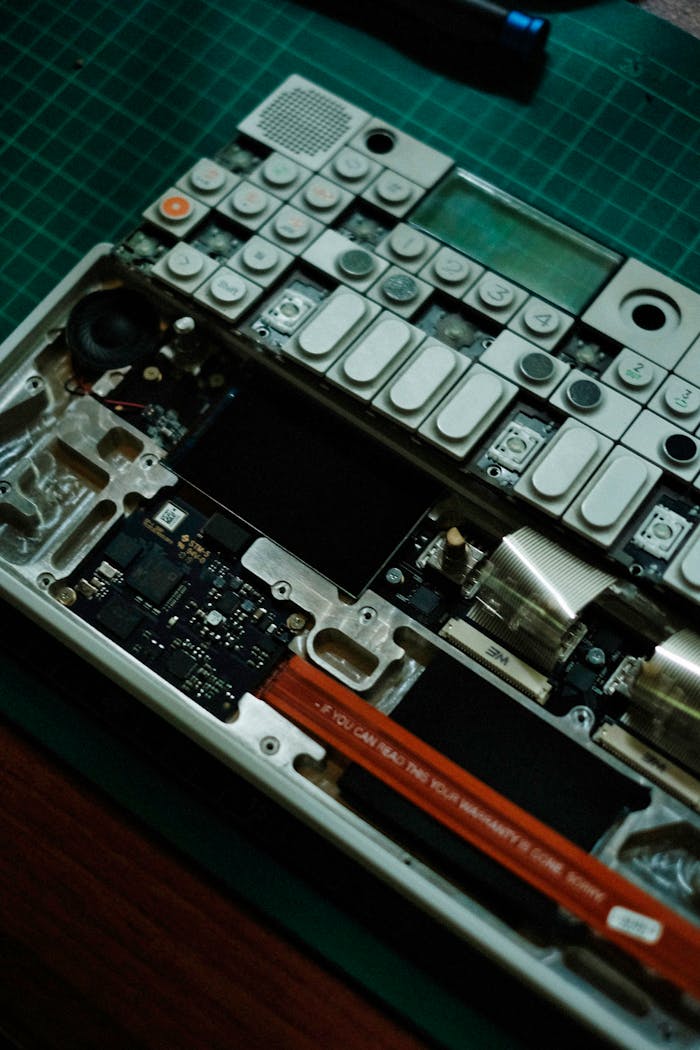 Detailed image of a circuit board and electronic components on a green mat.